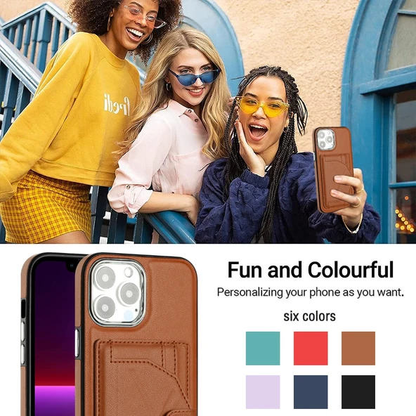 Şok Geçirmez Deri Telefon Kılıfı - iPhone 15 Pro Max - Kahverengi - Kart Tutucu - Resim 6