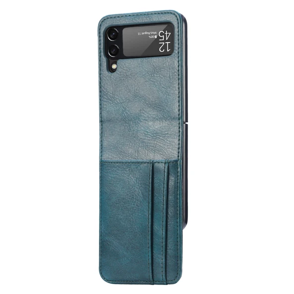 Samsung Galaxy Z Flip3 5G Deri Telefon Kılıfı - Mavi Cyan - Kart Yuvalı