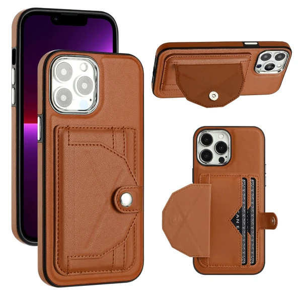 Şok Geçirmez Deri Telefon Kılıfı - iPhone 15 Pro Max - Kahverengi - Kart Tutucu