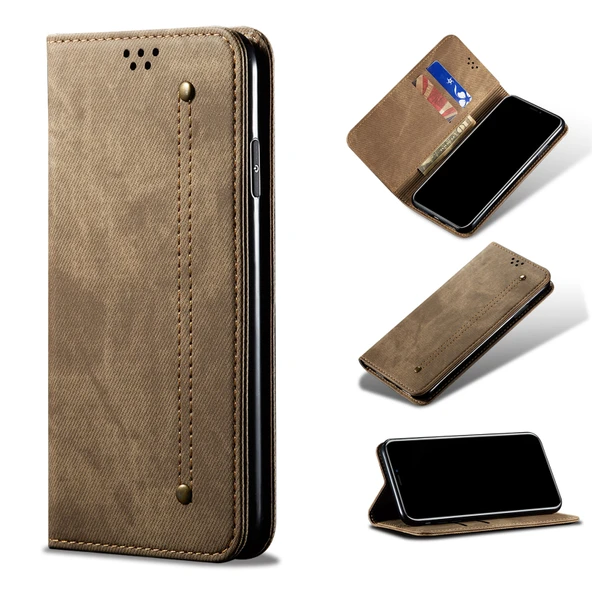 Xiaomi Redmi Note 11 Pro 11 Pro Plus Denim Doku Flip Deri Telefon Kılıfı - Haki