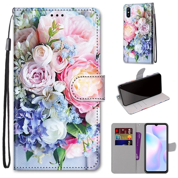 Xiaomi Redmi 9A PU Deri Kılıf - Açık Pembe Çiçek Desenli - Kart Yuvalı ve Askılı