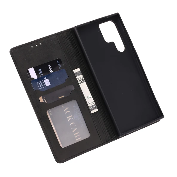 Samsung Galaxy S22 Ultra 5G Deri Telefon Kılıfı - Siyah - Kabartmalı Mutlu Kedi Deseni - Resim 6