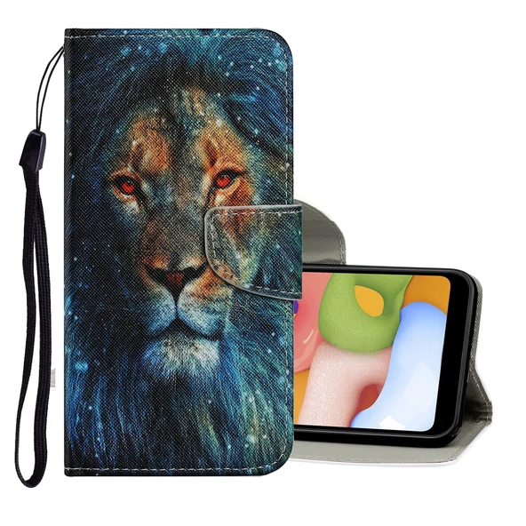 Samsung Galaxy M11 A11 Kapak - Aslan Desenli PU Deri - Yatay Flip - Kart Yuvalı ve Cüzdanlı
