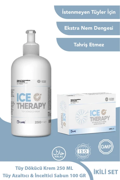Ice Therapy Tüy Dökücü Krem 250 ml & Tüy Azaltıcı - - Beyazlatıcı Etkili Vücut Sabunu 100 gr 2'li Set