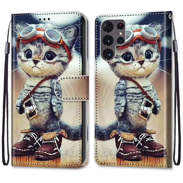 Samsung Galaxy S22 Ultra 5G Deri Kılıf - Kedi Desenli - 2
