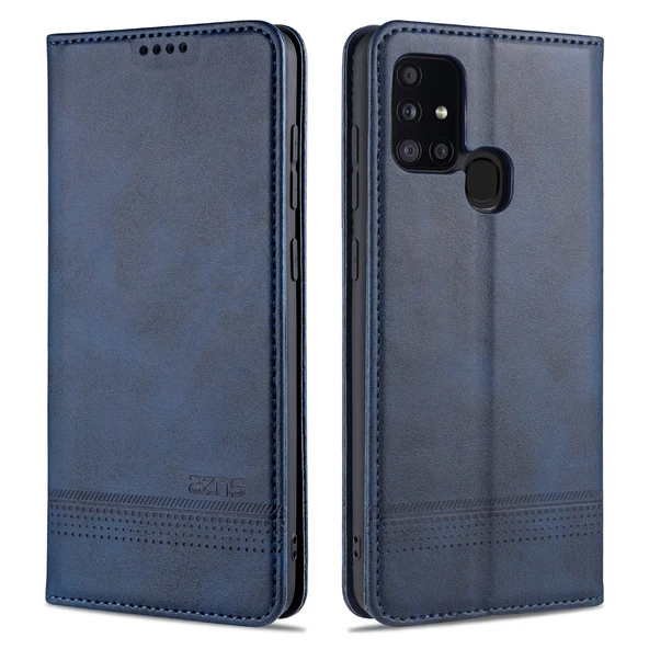 Samsung Galaxy M31 Deri Kılıf - Koyu Mavi - Manyetik - Kart Yuvalı
