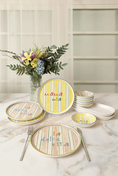 Keramika Mama Mia & La Dolce Vita Kahvaltı Takımı 12 Parça 4 kişilik 22724-25 - Resim 6