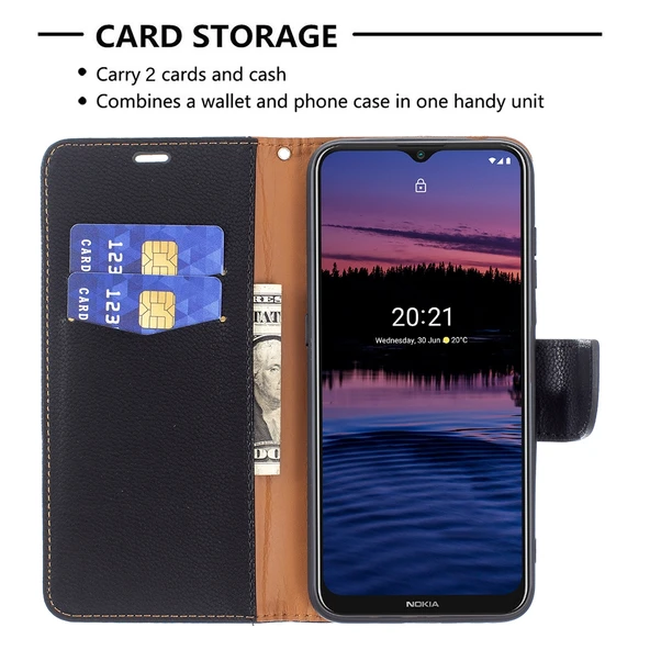 Nokia G20 G10 Litchi Doku Düz Renk Yatay Flip Deri Kılıf - Siyah - 4
