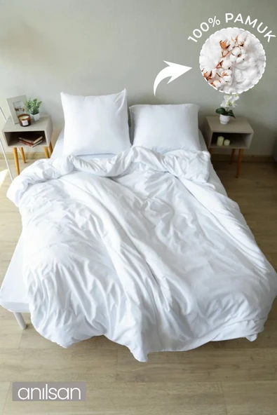 Düz Beyaz Tek Kişilik Lastikli Çarşaf Düğmeli Nevresim Takım %100 Pamuk 1 Adet Yastık Kılıf, 83tel