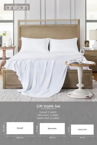 Düz Beyaz Çift Kişilik Lastikli Çarşaf Düğmeli Nevresim Takım %100 Pamuk 2 Adet Yastık Kılıf, 83tel - 3