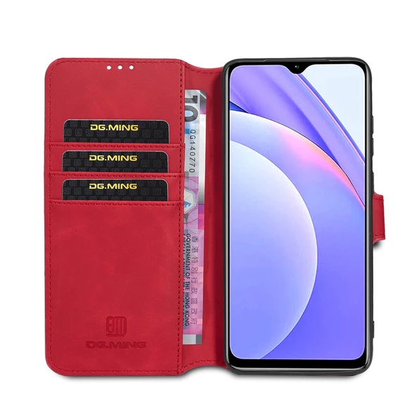 Xiaomi Redmi Note 9 4G Deri Kılıf - Kırmızı - Yatay Flip Tasarım - Kart Yuvalı ve Cüzdanlı - Resim 4