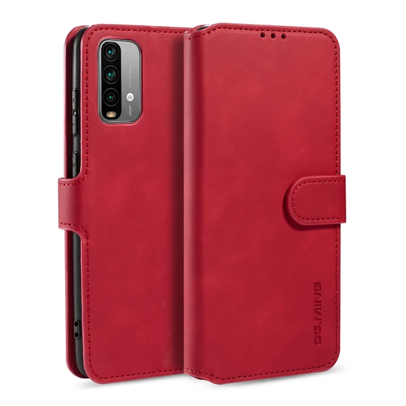 Xiaomi Redmi Note 9 4G Deri Kılıf - Kırmızı - Yatay Flip Tasarım - Kart Yuvalı ve Cüzdanlı