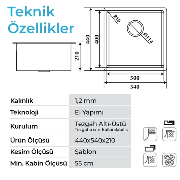 Crauf Stella 4454 Inox 50x40 El Yapımı Paslanmaz Çelik Mutfak Eviyesi - 2