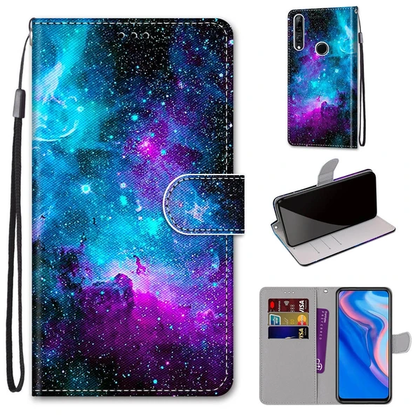 Huawei P Smart Z / Y9 Prime PU Deri Kılıf - Mor Yeşil Yıldızlı Gökyüzü - Kart Yuvalı ve Cüzdanlı