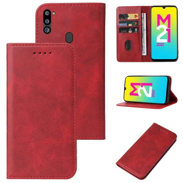 Samsung Galaxy M21 2021 Deri Telefon Kılıfı - Kırmızı - Manyetik Kapatma