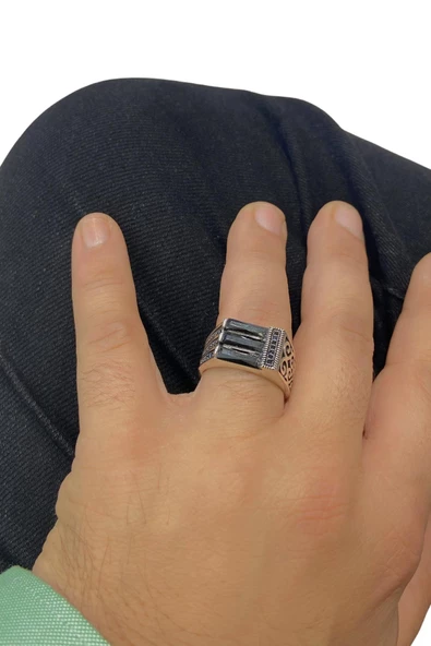 Üst Kalite Baget Oniks Çok Şık 925 Gümüş Erkek Yüzük - Resim 4