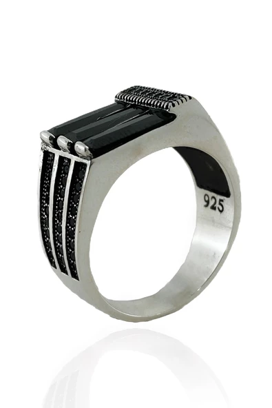 Üst Kalite Baget Oniks Çok Şık 925 Gümüş Erkek Yüzük - Resim 2