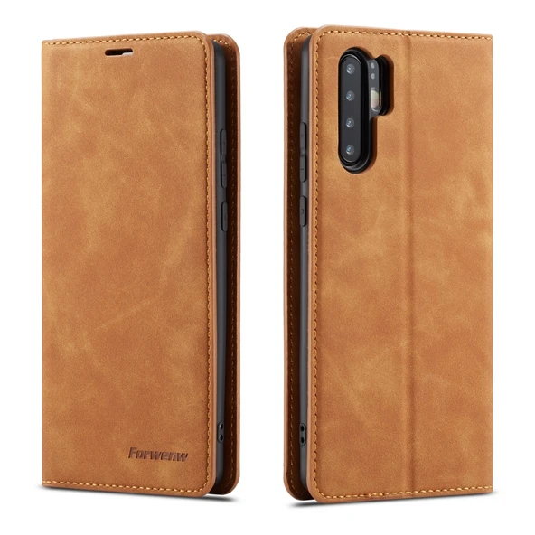 Huawei P30 Pro Deri Kılıf - Kahverengi - Manyetik - Kart Yuvalı ve Cüzdanlı