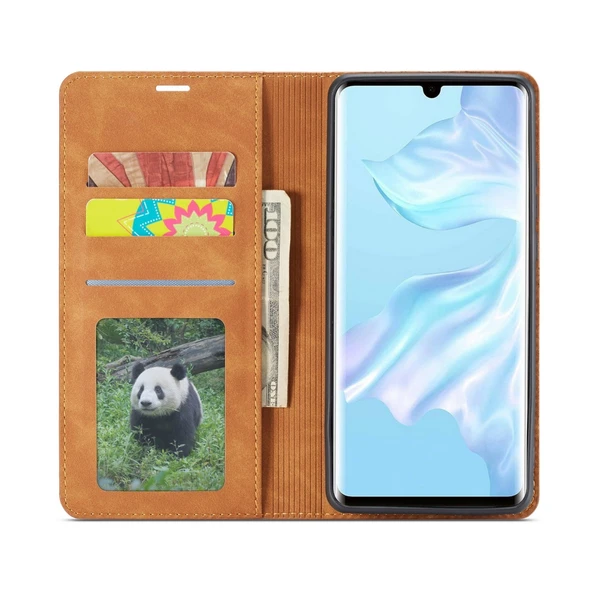 Huawei P30 Pro Deri Kılıf - Kahverengi - Manyetik - Kart Yuvalı ve Cüzdanlı - 4