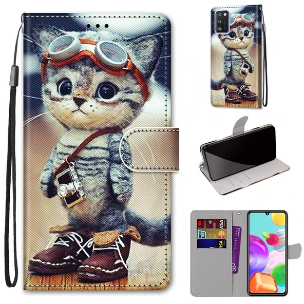 Samsung Galaxy A41 PU Deri Kılıf - Çizgili Desen - Deri Ayakkabı Kedi