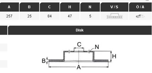 YAVUZSAN 34089 Fren Diski Hıace 82-89 1,8-2,0-2,2D-2,4DHilux 83-88Hilux 97- 2,4D(257×25×5Dl)Ön Havalı Ad. ürün görseli 1