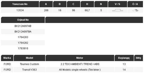 Yavuzsan 13534 Arka Fren Diski Transit V363 14-custom 13-transit Tek Teker 288 16 5dl Adet 1764282 ürün görseli 1