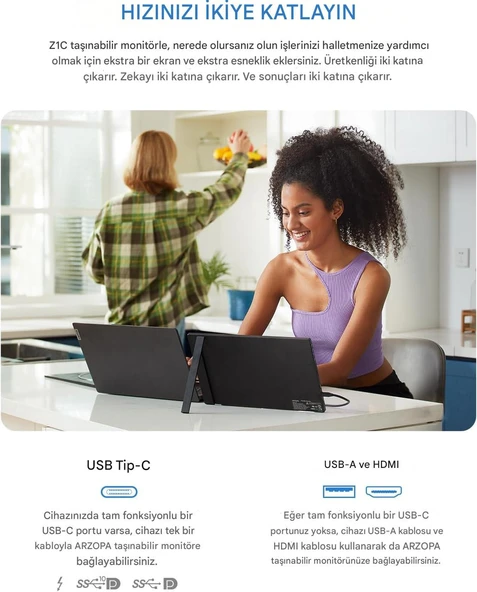 Arzopa Z1C 16.1 Full HD 60Hz IPS Ultra İnce  Taşınabilir Monitör - 5