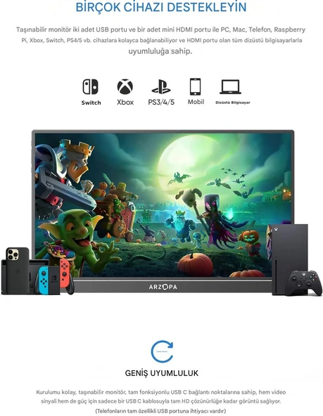 Arzopa Z1C 16.1 Full HD 60Hz IPS Ultra İnce  Taşınabilir Monitör - 4
