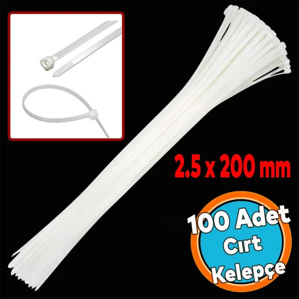 Cırt Kelepçe 2.5 x 200 mm 100 Adet 20 cm Plastik Beyaz Renk Zip Kablo Bağı Çok Amaçlı Bağlama