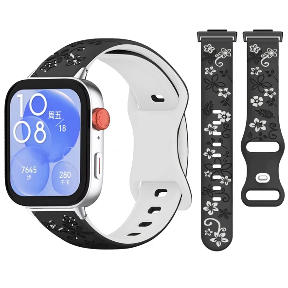 Huawei Watch Fit 3 İle Uyumlu FloraFlex Çiçek Desenli Silikon Kordon  Siyah Beyaz