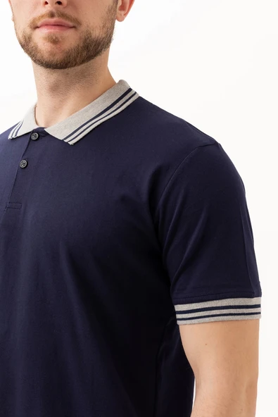 Hornet Polo Tişört - Şeritli Yaka ve Kol Detaylı Lacivert Erkek Polo Tişört Şık Tasarım - Resim 4