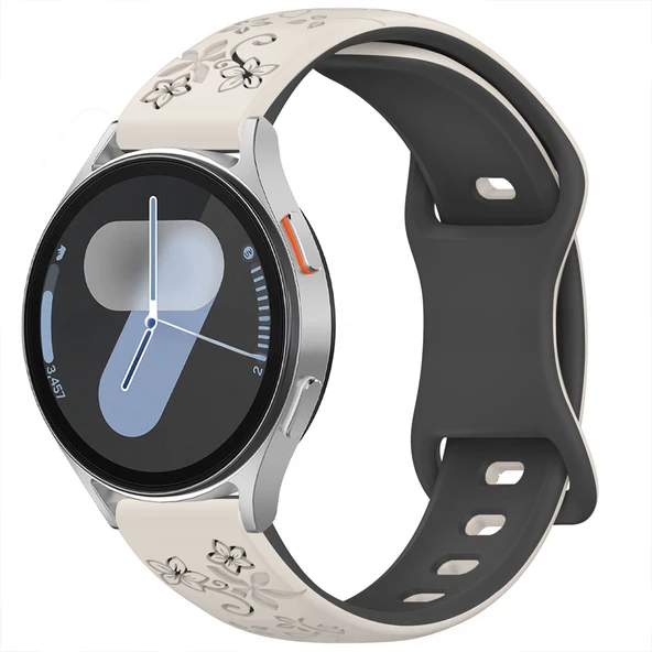 Samsung Galaxy Watch 4 5 Serisi ile Uyumlu FloraFlex Çiçek Desenli Silikon Kordon  Starlight - Resim 6