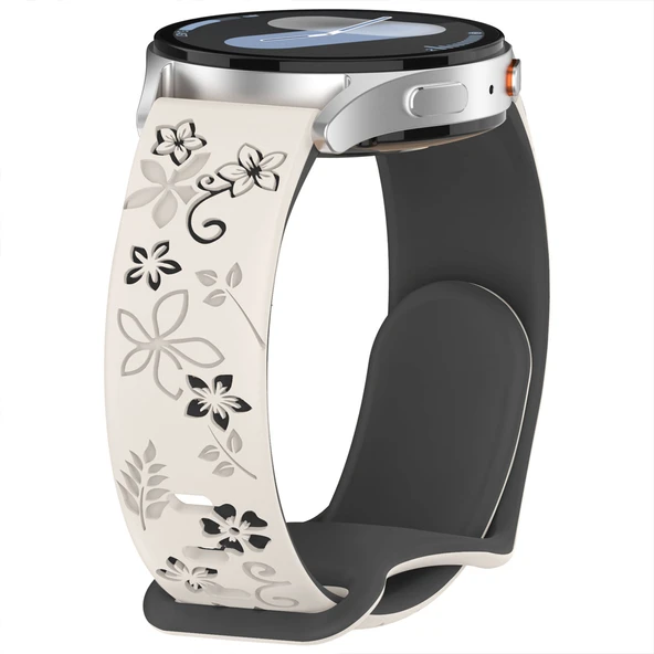 Samsung Galaxy Watch 4 5 Serisi ile Uyumlu FloraFlex Çiçek Desenli Silikon Kordon  Starlight - Resim 2