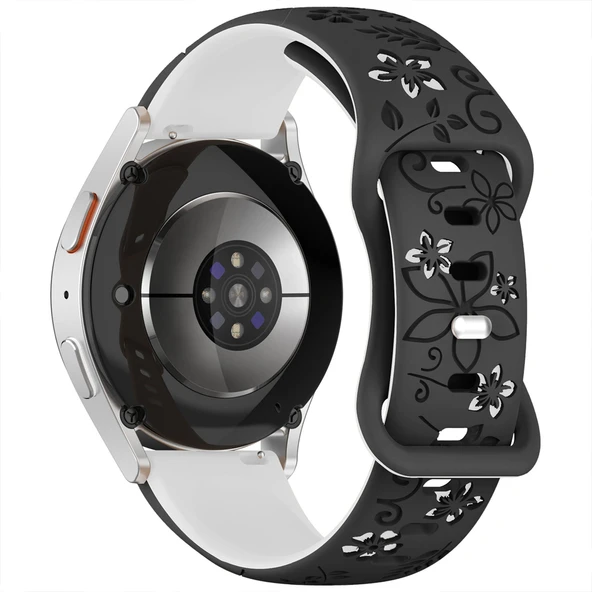 Huawei Watch GT2 GT3 42mm İle Uyumlu FloraFlex Çiçek Desenli Silikon Kordon  Siyah Beyaz - Resim 3