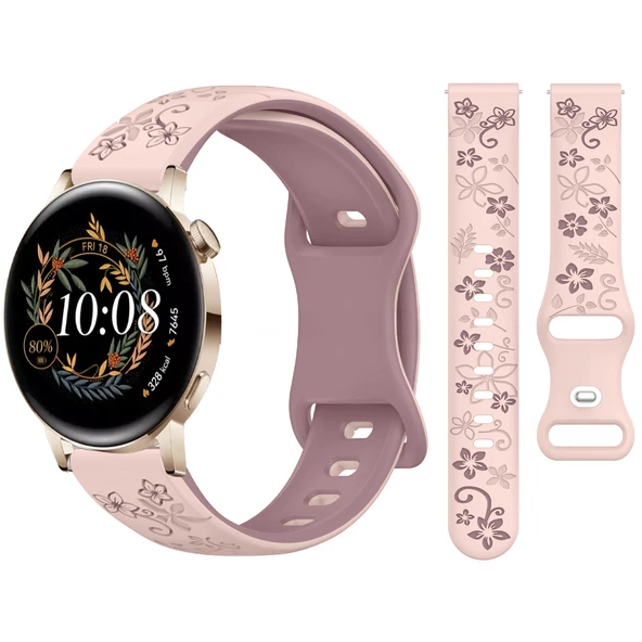 Huawei Watch GT2 GT3 42mm İle Uyumlu FloraFlex Çiçek Desenli Silikon Kordon  Pembe