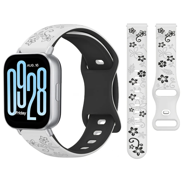 Redmi Watch 5 Active Redmi 5 Lite İle Uyumlu FloraFlex Çiçek Desenli Silikon Kordon  Beyaz