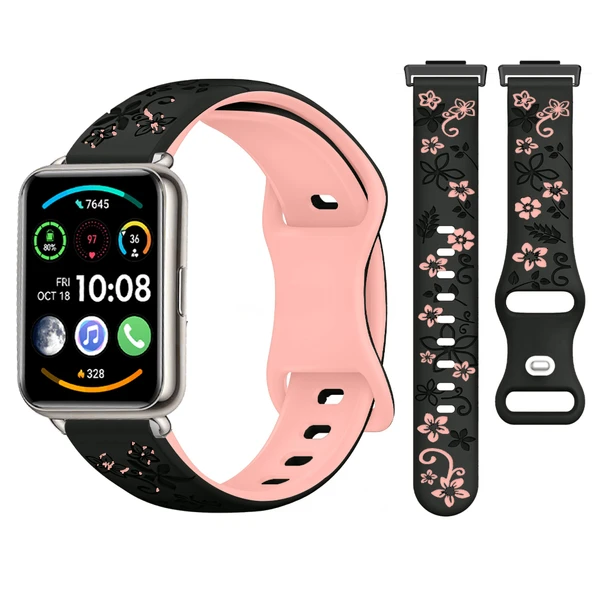Huawei Watch Fit 2 İle Uyumlu FloraFlex Çiçek Desenli Silikon Kordon  Pudra ürün görseli
