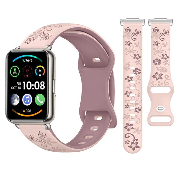 Huawei Watch Fit 2 İle Uyumlu FloraFlex Çiçek Desenli Silikon Kordon  Pembe