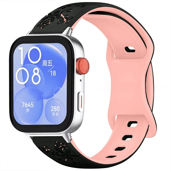 Huawei Watch Fit 3 İle Uyumlu FloraFlex Çiçek Desenli Silikon Kordon  Pudra - 6