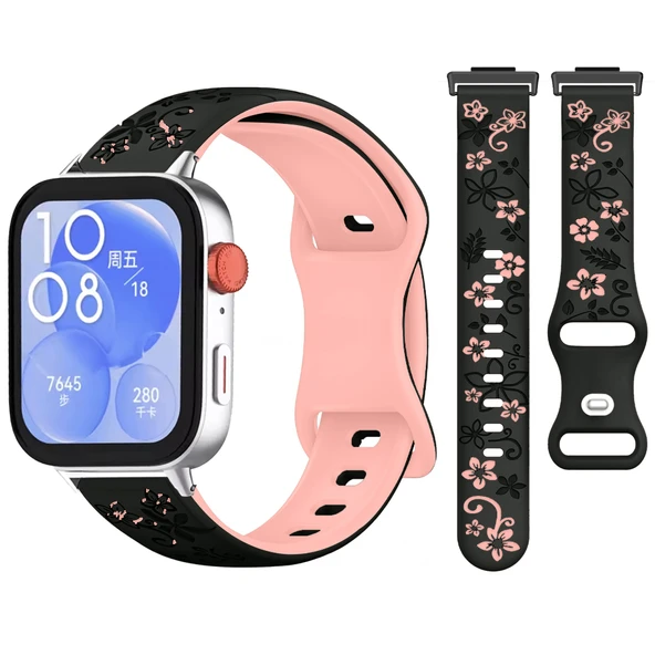 Huawei Watch Fit 3 İle Uyumlu FloraFlex Çiçek Desenli Silikon Kordon  Pudra - 1