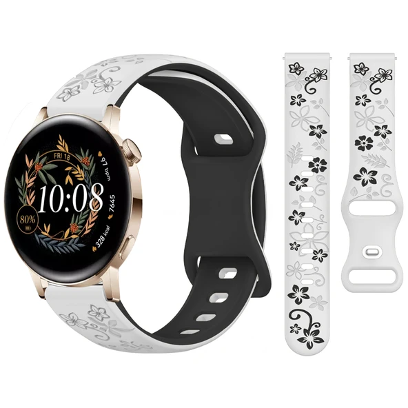 Huawei Watch GT2 GT3 42mm İle Uyumlu FloraFlex Çiçek Desenli Silikon Kordon  Beyaz