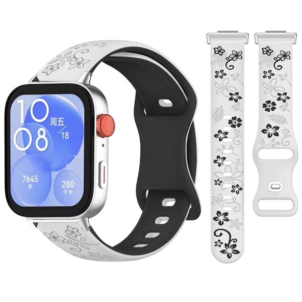 Huawei Watch Fit 3 İle Uyumlu FloraFlex Çiçek Desenli Silikon Kordon  Beyaz