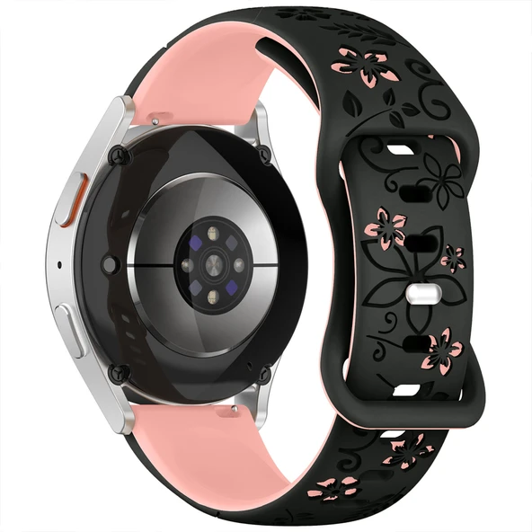 Samsung Galaxy Watch 4 5 Serisi ile Uyumlu FloraFlex Çiçek Desenli Silikon Kordon  Pudra - Resim 3