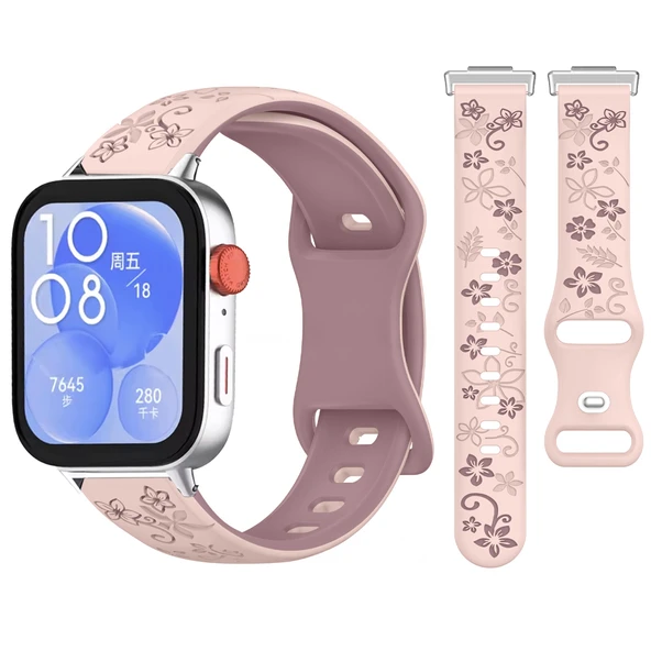 Huawei Watch Fit 3 İle Uyumlu FloraFlex Çiçek Desenli Silikon Kordon  Pembe
