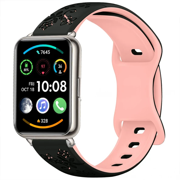 Huawei Watch Fit 2 İle Uyumlu FloraFlex Çiçek Desenli Silikon Kordon  Pudra - Resim 6