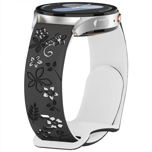 Huawei Watch GT2 GT3 42mm İle Uyumlu FloraFlex Çiçek Desenli Silikon Kordon  Siyah Beyaz - Resim 2