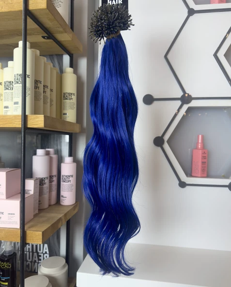 HairPim 100% İnsan Saçı Rainbow (0.8 Gr) Mavi 50 Adet 70 Cm Yeni Nesil Kaynak Saç HP363