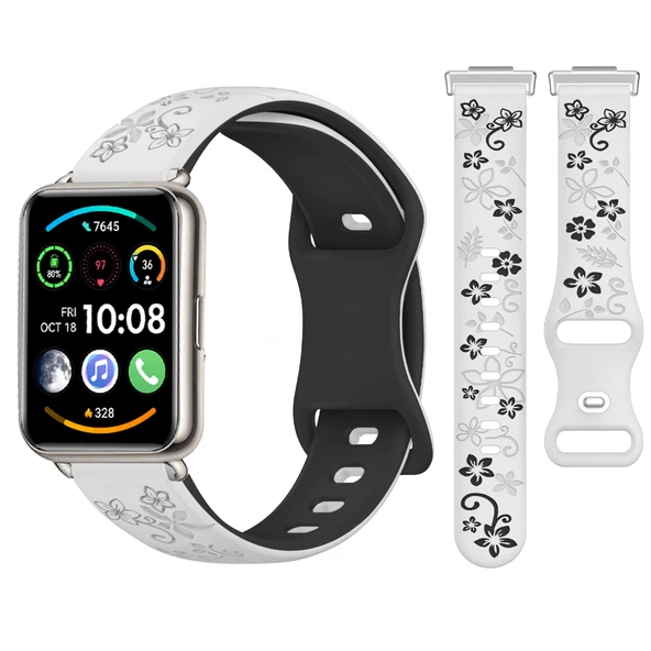 Huawei Watch Fit 2 İle Uyumlu FloraFlex Çiçek Desenli Silikon Kordon  Beyaz ürün görseli