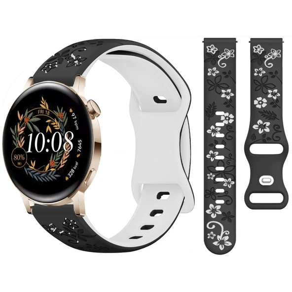 Huawei Watch GT2 GT3 42mm İle Uyumlu FloraFlex Çiçek Desenli Silikon Kordon  Siyah Beyaz