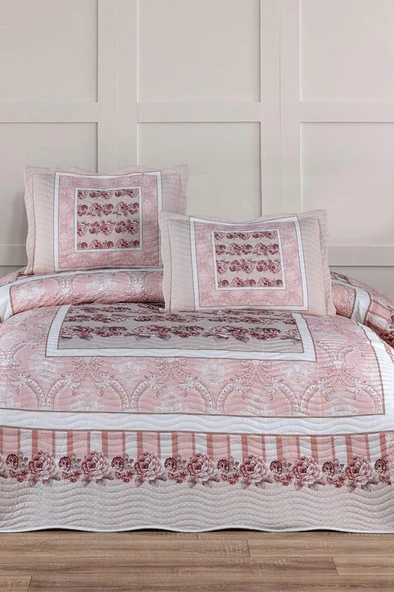 Ventora Baskılı Kapitoneli Çift Kişilik Yatak Örtüsü Pudra ürün görseli